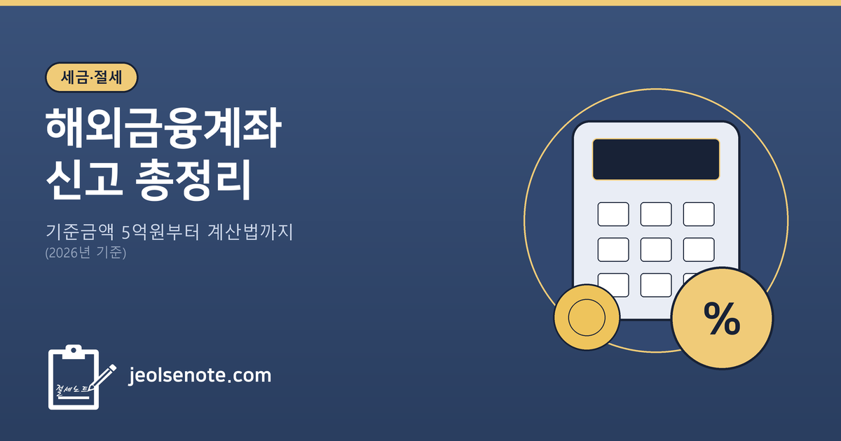 해외금융계좌 신고 기준금액 5억원과 가상자산 거래소 계좌 포함 여부, 신고기한(6월 1일~30일)을 소개하는 세금·절세 대표 이미지