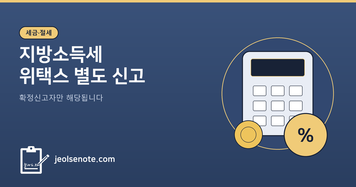 네이비 배경 대표이미지. 상단에 골드색 얇은 띠. 좌상단 골드색 "세금·절세" 배지, 그 아래 흰색 제목 "지방소득세"와 "위택스 별도 신고", 부제목 "확정신고자만 해당됩니다". 우측에 골드색 원 테두리 안에 계산기와 서류 모티프. 좌하단에 클립보드 로고 아이콘과 jeolsenote.com 텍스트.