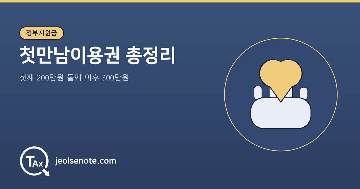 네이비 배경 대표이미지. 상단에 골드색 얇은 띠. 좌상단 골드색 "정부지원금" 배지, 그 아래 흰색 제목 "첫만남이용권 총정리"와 부제목 "첫째 200만원 둘째 이후 300만원". 우측에 골드색 원 테두리 안에 손과 하트로 구성된 모티프. 좌하단에 클립보드 로고 아이콘과 jeolsenote.com 텍스트.